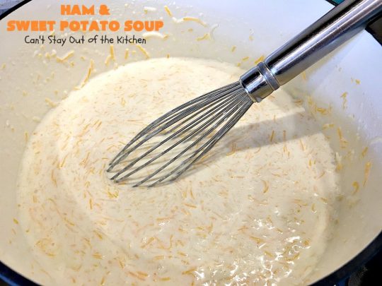 Ham and Sweet Potato Soup | Can't Stay Out of the Kitchen | this #soup is absolutely amazing. It's a delicious #cheese soup featuring #ham & #sweetpotatoes. So perfect for cold, winter nights. #glutenfree