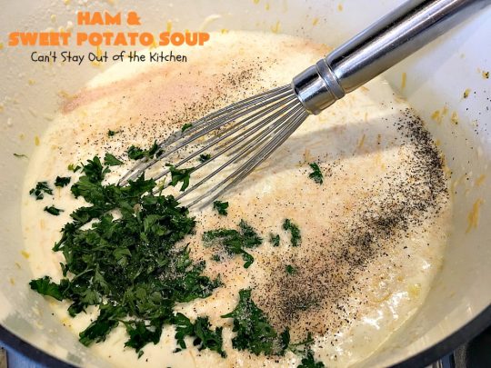 Ham and Sweet Potato Soup | Can't Stay Out of the Kitchen | this #soup is absolutely amazing. It's a delicious #cheese soup featuring #ham & #sweetpotatoes. So perfect for cold, winter nights. #glutenfree