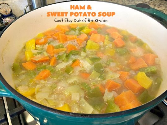 Ham and Sweet Potato Soup | Can't Stay Out of the Kitchen | this #soup is absolutely amazing. It's a delicious #cheese soup featuring #ham & #sweetpotatoes. So perfect for cold, winter nights. #glutenfree