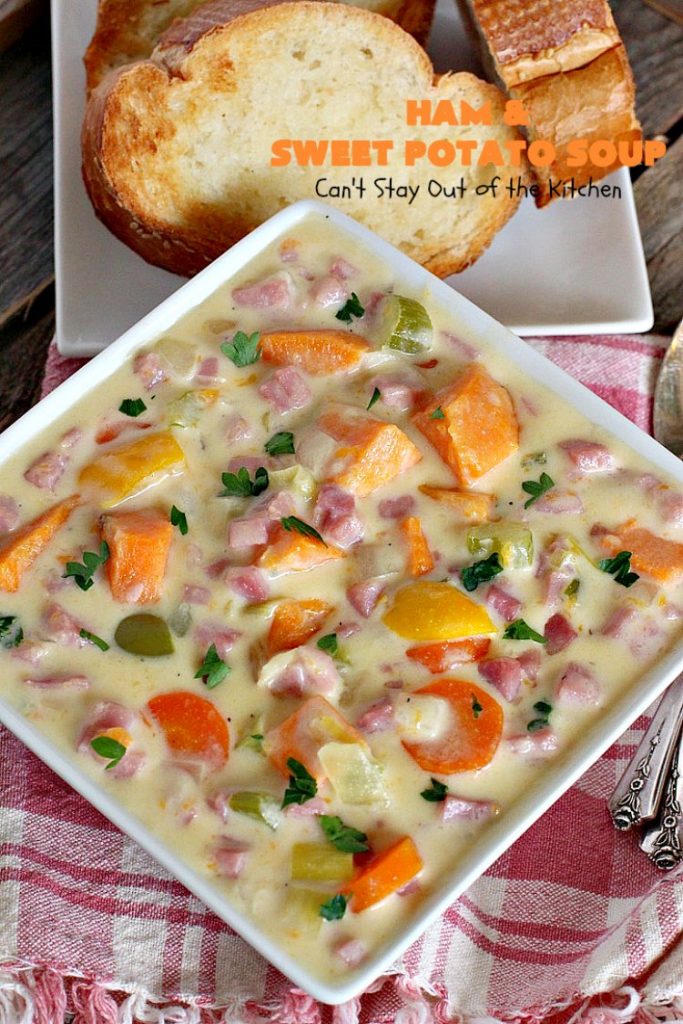 Ham and Sweet Potato Soup | Can't Stay Out of the Kitchen | this #soup is absolutely amazing. It's a delicious #cheese soup featuring #ham & #sweetpotatoes. So perfect for cold, winter nights. #glutenfree
