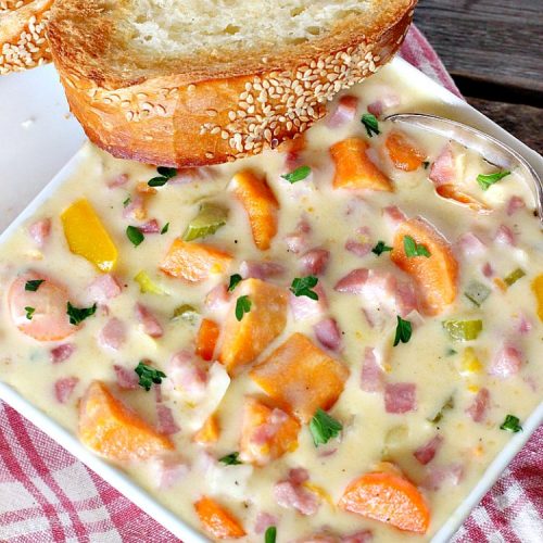 Ham and Sweet Potato Soup | Can't Stay Out of the Kitchen | this #soup is absolutely amazing. It's a delicious #cheese soup featuring #ham & #sweetpotatoes. So perfect for cold, winter nights. #glutenfree