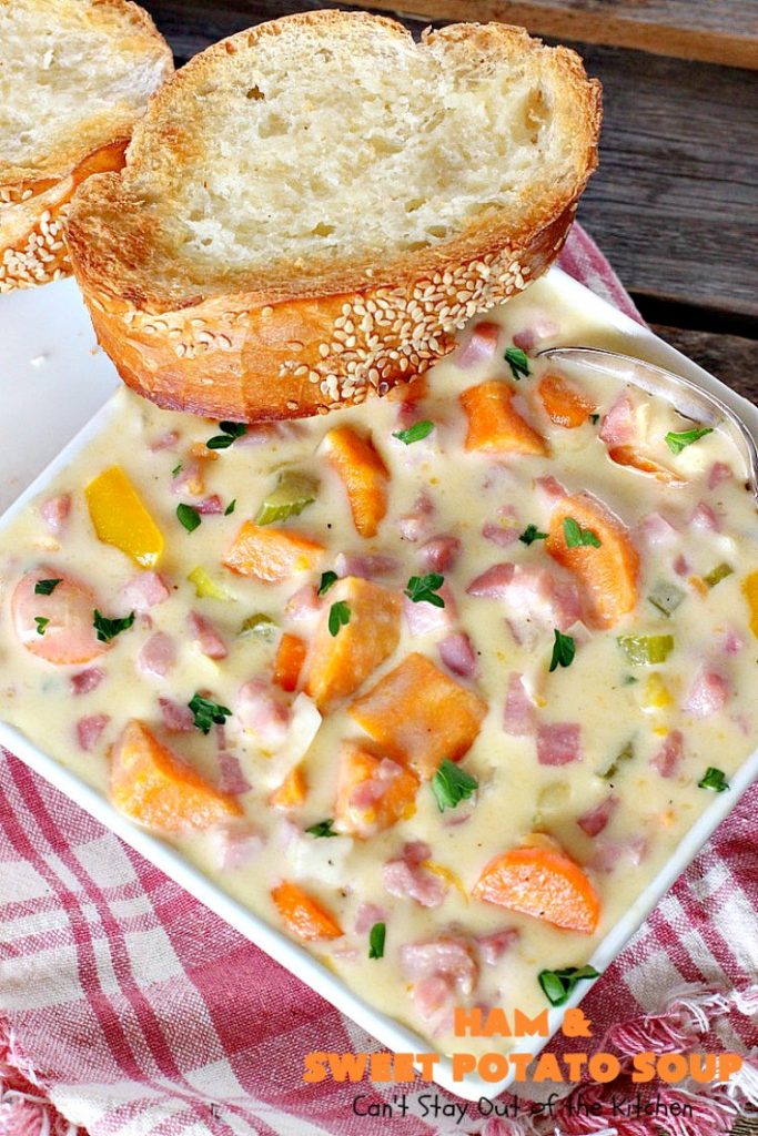 Ham and Sweet Potato Soup | Can't Stay Out of the Kitchen | this #soup is absolutely amazing. It's a delicious #cheese soup featuring #ham & #sweetpotatoes. So perfect for cold, winter nights. #glutenfree