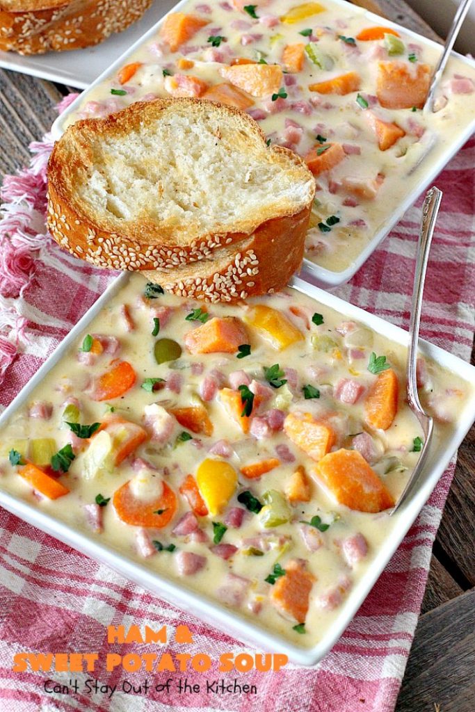 Ham and Sweet Potato Soup | Can't Stay Out of the Kitchen | this #soup is absolutely amazing. It's a delicious #cheese soup featuring #ham & #sweetpotatoes. So perfect for cold, winter nights. #glutenfree