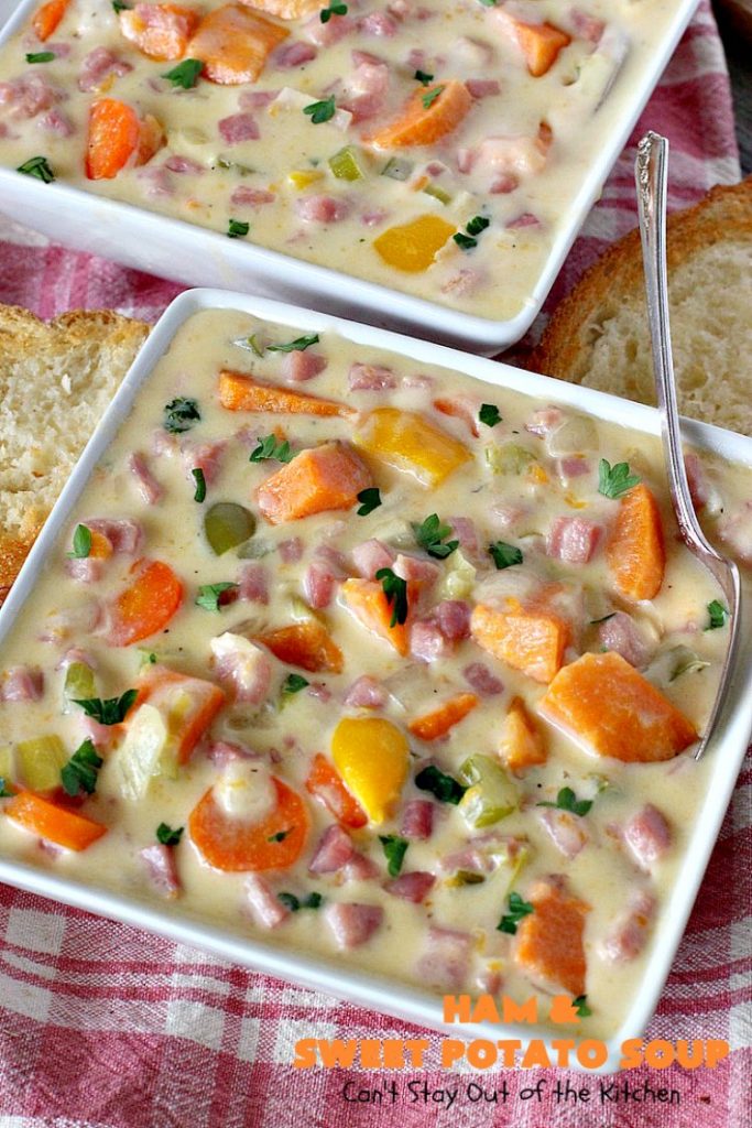 Ham and Sweet Potato Soup | Can't Stay Out of the Kitchen | this #soup is absolutely amazing. It's a delicious #cheese soup featuring #ham & #sweetpotatoes. So perfect for cold, winter nights. #glutenfree