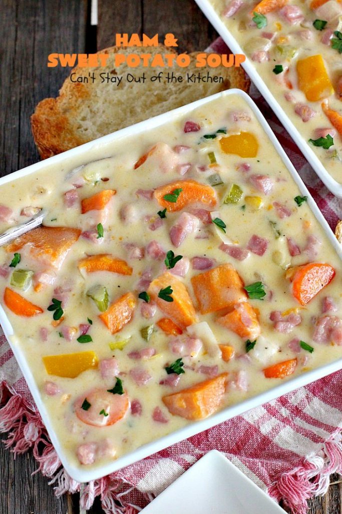 Ham and Sweet Potato Soup | Can't Stay Out of the Kitchen | this #soup is absolutely amazing. It's a delicious #cheese soup featuring #ham & #sweetpotatoes. So perfect for cold, winter nights. #glutenfree