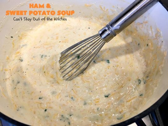 Ham and Sweet Potato Soup | Can't Stay Out of the Kitchen | this #soup is absolutely amazing. It's a delicious #cheese soup featuring #ham & #sweetpotatoes. So perfect for cold, winter nights. #glutenfree