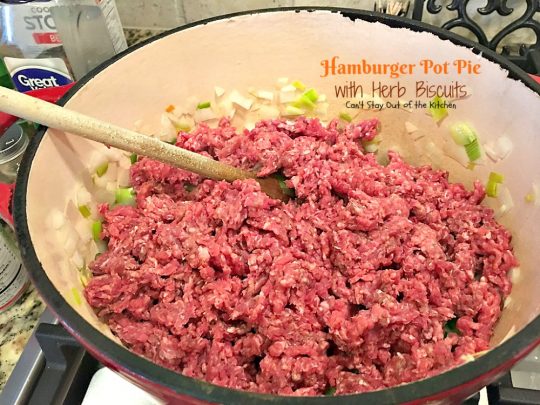 Hamburger Pot Pie with Herb Biscuits | Can't Stay Out of the Kitchen | this heavenly #potpie is amazing. Great comfort food any time of the year. #beef #biscuits #potatoes #carrots