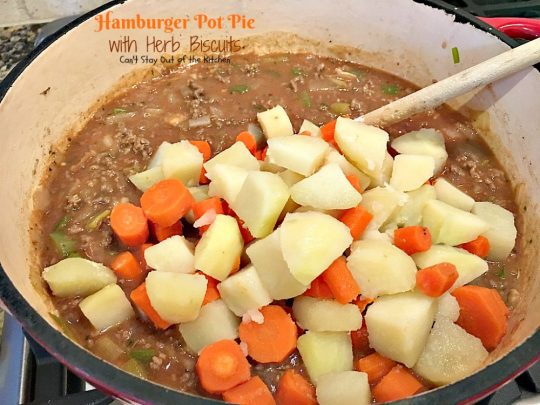 Hamburger Pot Pie with Herb Biscuits | Can't Stay Out of the Kitchen | this heavenly #potpie is amazing. Great comfort food any time of the year. #beef #biscuits #potatoes #carrots
