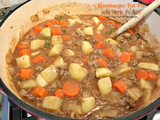 Hamburger Pot Pie with Herb Biscuits | Can't Stay Out of the Kitchen | this heavenly #potpie is amazing. Great comfort food any time of the year. #beef #biscuits #potatoes #carrots