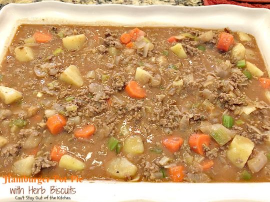 Hamburger Pot Pie with Herb Biscuits | Can't Stay Out of the Kitchen | this heavenly #potpie is amazing. Great comfort food any time of the year. #beef #biscuits #potatoes #carrots