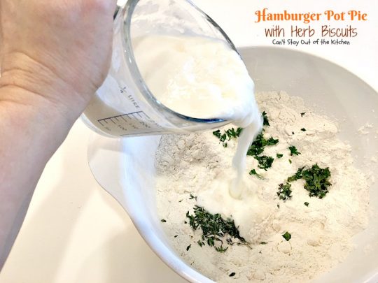 Hamburger Pot Pie with Herb Biscuits | Can't Stay Out of the Kitchen | this heavenly #potpie is amazing. Great comfort food any time of the year. #beef #biscuits #potatoes #carrots