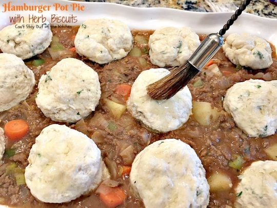 Hamburger Pot Pie with Herb Biscuits | Can't Stay Out of the Kitchen | this heavenly #potpie is amazing. Great comfort food any time of the year. #beef #biscuits #potatoes #carrots