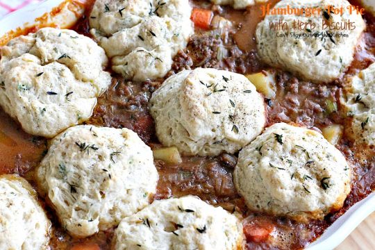 Hamburger Pot Pie with Herb Biscuits | Can't Stay Out of the Kitchen | this heavenly #potpie is amazing. Great comfort food any time of the year. #beef #biscuits #potatoes #carrots