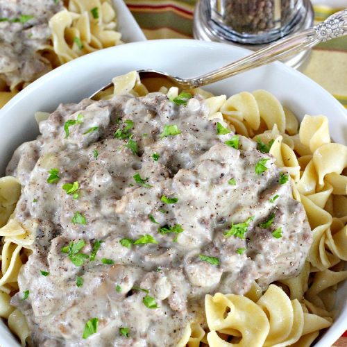 Hamburger Stroganoff | Can't Stay Out of the Kitchen | this easy 30-minute #recipe has always been a family favorite. Our kids loved this growing up. #hamburger #beef #stroganoff #noodles