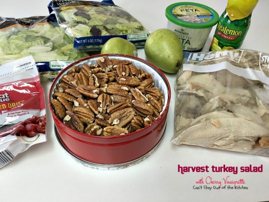 Harvest Turkey Salad with Cherry Vinaigrette | Can't Stay Out of the Kitchen | fabulous #PaneraBread copycat recipe with #driedcherries in the #salad and #cherrypreserves in the salad dressing. Great with leftover #turkey or #chicken. #glutenfree #pears