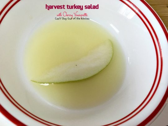 Harvest Turkey Salad with Cherry Vinaigrette | Can't Stay Out of the Kitchen | fabulous #PaneraBread copycat recipe with #driedcherries in the #salad and #cherrypreserves in the salad dressing. Great with leftover #turkey or #chicken. #glutenfree #pears