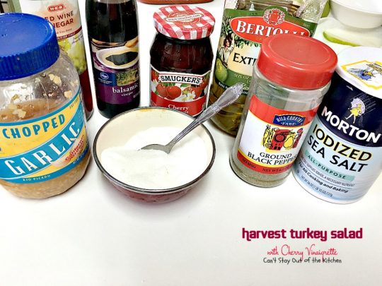 Harvest Turkey Salad with Cherry Vinaigrette | Can't Stay Out of the Kitchen | fabulous #PaneraBread copycat recipe with #driedcherries in the #salad and #cherrypreserves in the salad dressing. Great with leftover #turkey or #chicken. #glutenfree #pears