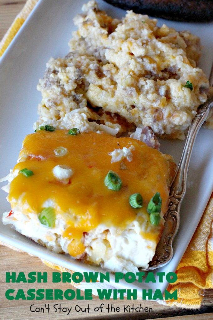 Hash Brown Potato Casserole with Ham | Can't Stay Out of the Kitchen | this amazing #HashBrownCasserole is filled with #ham, #CreamCheese & #CheddarCheese. It's a souffle-type casserole that's absolutely scrumptious. It's perfect for a #holiday #breakfast like #MothersDay or #FathersDay. #cheese #HashBrowns #HashBrownPotatoCasserole #GlutenFree #HolidayBreakfast #HolidayCasserole #GlutenFreeCasserole #GlutenFreeBreakfastCasserole #pork #MothersDayBreakfast #FathersDayBreakfast