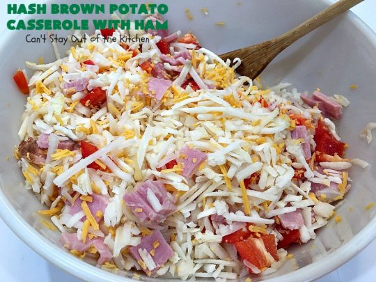 Hash Brown Potato Casserole with Ham | Can't Stay Out of the Kitchen | this amazing #HashBrownCasserole is filled with #ham, #CreamCheese & #CheddarCheese. It's a souffle-type casserole that's absolutely scrumptious. It's perfect for a #holiday #breakfast like #MothersDay or #FathersDay. #cheese #HashBrowns #HashBrownPotatoCasserole #GlutenFree #HolidayBreakfast #HolidayCasserole #GlutenFreeCasserole #GlutenFreeBreakfastCasserole #pork #MothersDayBreakfast #FathersDayBreakfast