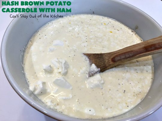 Hash Brown Potato Casserole with Ham | Can't Stay Out of the Kitchen | this amazing #HashBrownCasserole is filled with #ham, #CreamCheese & #CheddarCheese. It's a souffle-type casserole that's absolutely scrumptious. It's perfect for a #holiday #breakfast like #MothersDay or #FathersDay. #cheese #HashBrowns #HashBrownPotatoCasserole #GlutenFree #HolidayBreakfast #HolidayCasserole #GlutenFreeCasserole #GlutenFreeBreakfastCasserole #pork #MothersDayBreakfast #FathersDayBreakfast