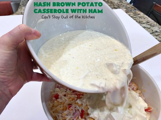 Hash Brown Potato Casserole with Ham | Can't Stay Out of the Kitchen | this amazing #HashBrownCasserole is filled with #ham, #CreamCheese & #CheddarCheese. It's a souffle-type casserole that's absolutely scrumptious. It's perfect for a #holiday #breakfast like #MothersDay or #FathersDay. #cheese #HashBrowns #HashBrownPotatoCasserole #GlutenFree #HolidayBreakfast #HolidayCasserole #GlutenFreeCasserole #GlutenFreeBreakfastCasserole #pork #MothersDayBreakfast #FathersDayBreakfast