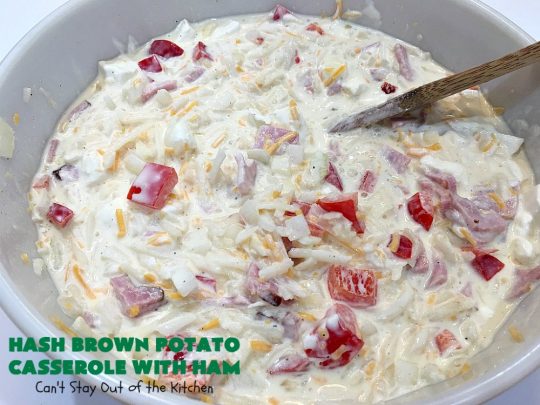 Hash Brown Potato Casserole with Ham | Can't Stay Out of the Kitchen | this amazing #HashBrownCasserole is filled with #ham, #CreamCheese & #CheddarCheese. It's a souffle-type casserole that's absolutely scrumptious. It's perfect for a #holiday #breakfast like #MothersDay or #FathersDay. #cheese #HashBrowns #HashBrownPotatoCasserole #GlutenFree #HolidayBreakfast #HolidayCasserole #GlutenFreeCasserole #GlutenFreeBreakfastCasserole #pork #MothersDayBreakfast #FathersDayBreakfast
