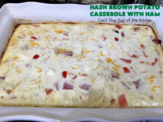 Hash Brown Potato Casserole with Ham | Can't Stay Out of the Kitchen | this amazing #HashBrownCasserole is filled with #ham, #CreamCheese & #CheddarCheese. It's a souffle-type casserole that's absolutely scrumptious. It's perfect for a #holiday #breakfast like #MothersDay or #FathersDay. #cheese #HashBrowns #HashBrownPotatoCasserole #GlutenFree #HolidayBreakfast #HolidayCasserole #GlutenFreeCasserole #GlutenFreeBreakfastCasserole #pork #MothersDayBreakfast #FathersDayBreakfast