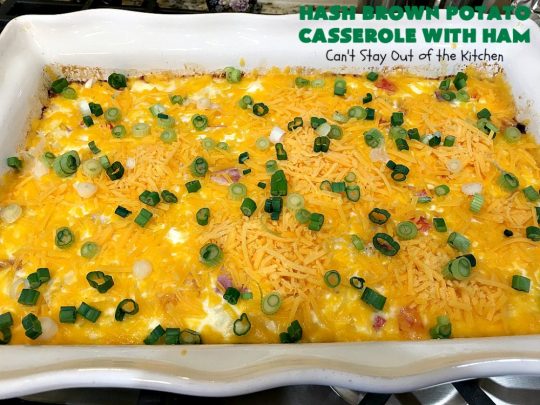 Hash Brown Potato Casserole with Ham | Can't Stay Out of the Kitchen | this amazing #HashBrownCasserole is filled with #ham, #CreamCheese & #CheddarCheese. It's a souffle-type casserole that's absolutely scrumptious. It's perfect for a #holiday #breakfast like #MothersDay or #FathersDay. #cheese #HashBrowns #HashBrownPotatoCasserole #GlutenFree #HolidayBreakfast #HolidayCasserole #GlutenFreeCasserole #GlutenFreeBreakfastCasserole #pork #MothersDayBreakfast #FathersDayBreakfast