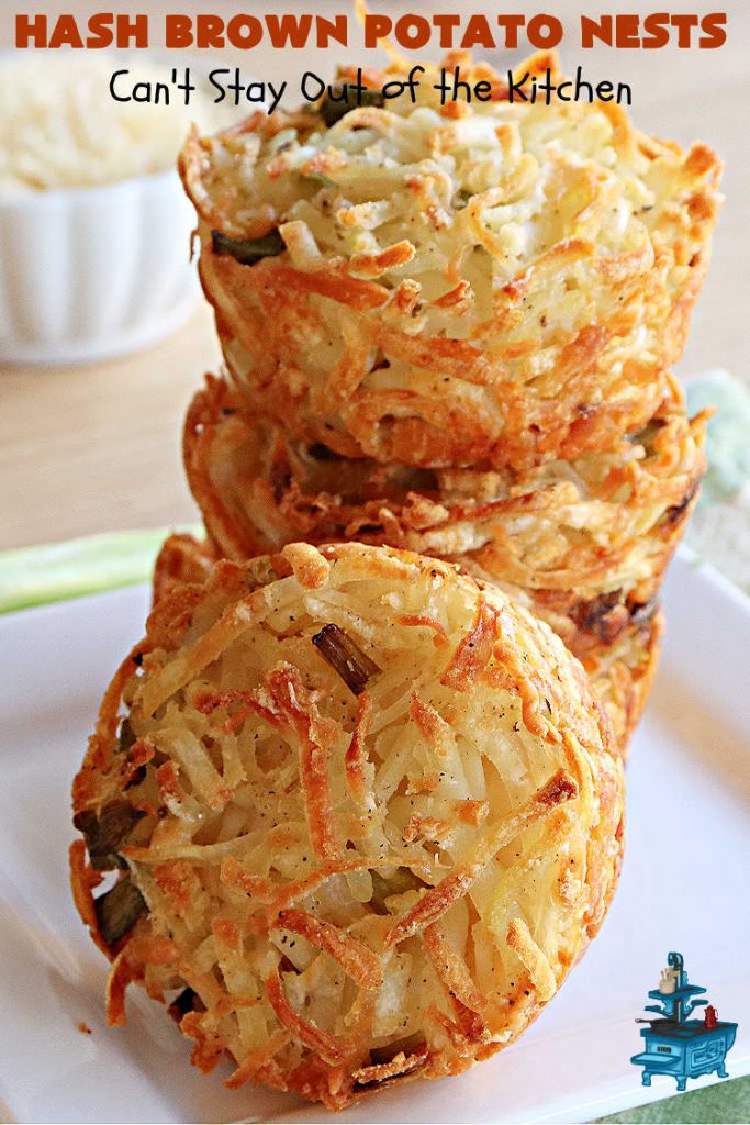 Hash Brown Potato Nests | Can't Stay Out of the Kitchen | these adorable #potato nests are marvelous for weekend, company or a #holiday #breakfast. They're simple to make & are baked in muffin tins. Excellent side for a #HolidayBreakfast. #GlutenFree #ParmesanCheese #HashBrowns #HashBrownPotatoNests