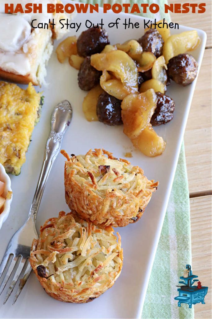 Hash Brown Potato Nests | Can't Stay Out of the Kitchen | these adorable #potato nests are marvelous for weekend, company or a #holiday #breakfast. They're simple to make & are baked in muffin tins. Excellent side for a #HolidayBreakfast. #GlutenFree #ParmesanCheese #HashBrowns #HashBrownPotatoNests