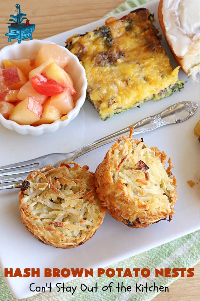 Hash Brown Potato Nests | Can't Stay Out of the Kitchen | these adorable #potato nests are marvelous for weekend, company or a #holiday #breakfast. They're simple to make & are baked in muffin tins. Excellent side for a #HolidayBreakfast. #GlutenFree #ParmesanCheese #HashBrowns #HashBrownPotatoNests