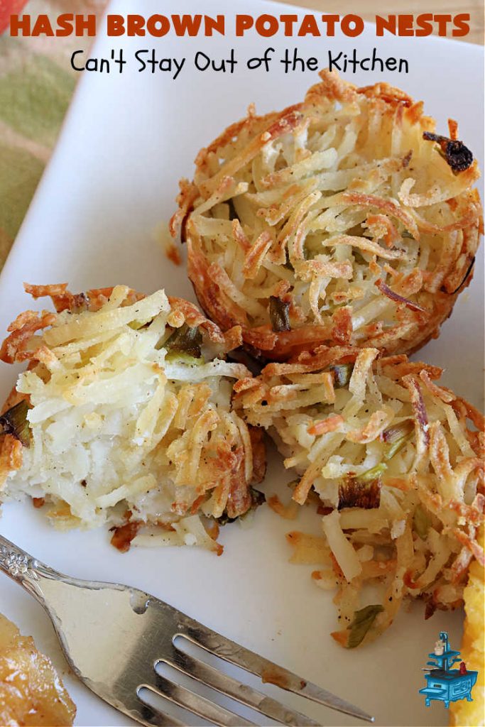 Hash Brown Potato Nests | Can't Stay Out of the Kitchen | these adorable #potato nests are marvelous for weekend, company or a #holiday #breakfast. They're simple to make & are baked in muffin tins. Excellent side for a #HolidayBreakfast. #GlutenFree #ParmesanCheese #HashBrowns #HashBrownPotatoNests