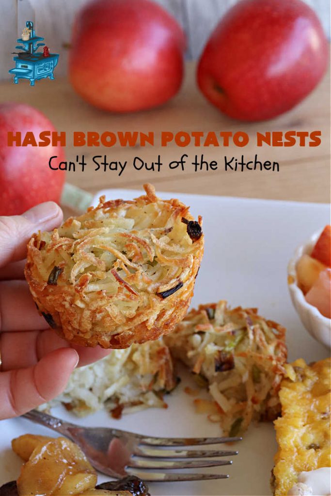 Hash Brown Potato Nests | Can't Stay Out of the Kitchen | these adorable #potato nests are marvelous for weekend, company or a #holiday #breakfast. They're simple to make & are baked in muffin tins. Excellent side for a #HolidayBreakfast. #GlutenFree #ParmesanCheese #HashBrowns #HashBrownPotatoNests