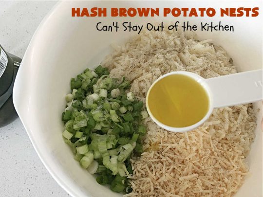 Hash Brown Potato Nests | Can't Stay Out of the Kitchen | these adorable #potato nests are marvelous for weekend, company or a #holiday #breakfast. They're simple to make & are baked in muffin tins. Excellent side for a #HolidayBreakfast. #GlutenFree #ParmesanCheese #HashBrowns #HashBrownPotatoNests