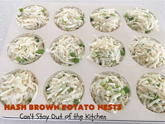 Hash Brown Potato Nests | Can't Stay Out of the Kitchen | these adorable #potato nests are marvelous for weekend, company or a #holiday #breakfast. They're simple to make & are baked in muffin tins. Excellent side for a #HolidayBreakfast. #GlutenFree #ParmesanCheese #HashBrowns #HashBrownPotatoNests