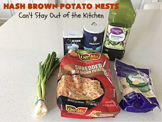 Hash Brown Potato Nests | Can't Stay Out of the Kitchen | these adorable #potato nests are marvelous for weekend, company or a #holiday #breakfast. They're simple to make & are baked in muffin tins. Excellent side for a #HolidayBreakfast. #GlutenFree #ParmesanCheese #HashBrowns #HashBrownPotatoNests