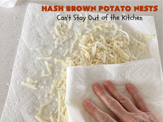 Hash Brown Potato Nests | Can't Stay Out of the Kitchen | these adorable #potato nests are marvelous for weekend, company or a #holiday #breakfast. They're simple to make & are baked in muffin tins. Excellent side for a #HolidayBreakfast. #GlutenFree #ParmesanCheese #HashBrowns #HashBrownPotatoNests