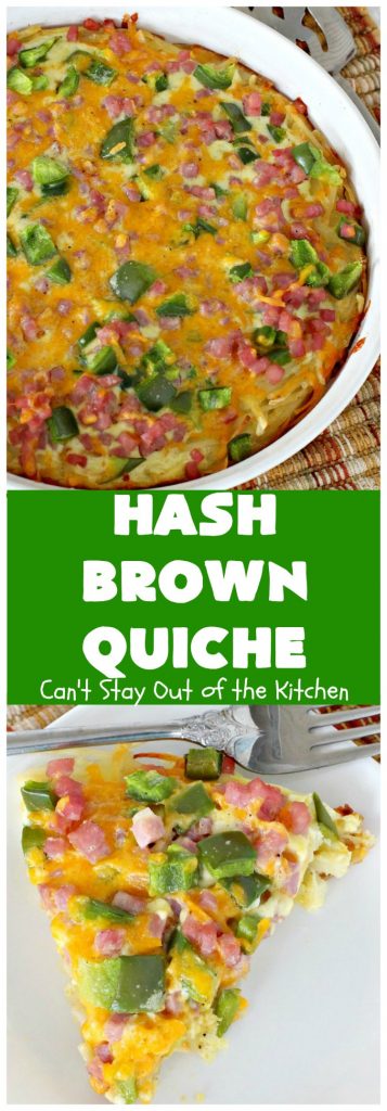 Hash Brown Quiche | Can't Stay Out of the Kitchen | this easy #quiche #recipe uses a #hashbrown crust. It's terrific for a #holiday #breakfast. #ham #cheddarcheese #glutenfree #pork #glutenfreequiche #HolidayBreakfast