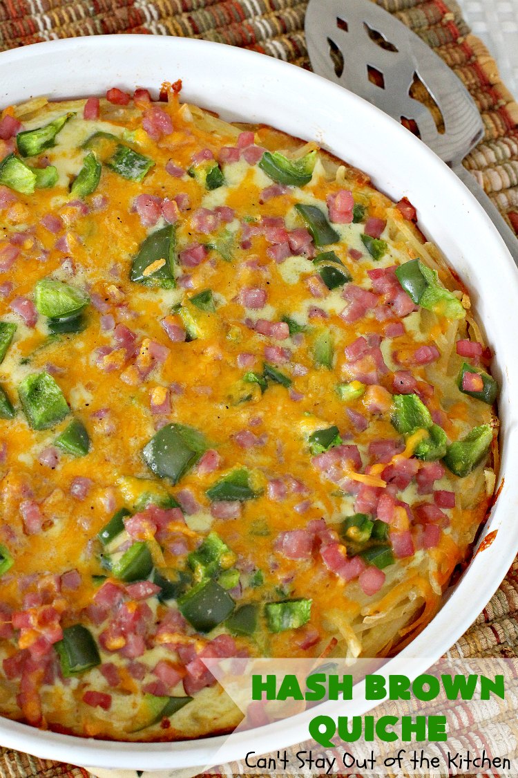 Hash Brown Quiche | Can't Stay Out of the Kitchen | this easy #quiche #recipe uses a #hashbrown crust. It's terrific for a #holiday #breakfast. #ham #cheddarcheese #glutenfree #pork #glutenfreequiche #HolidayBreakfast