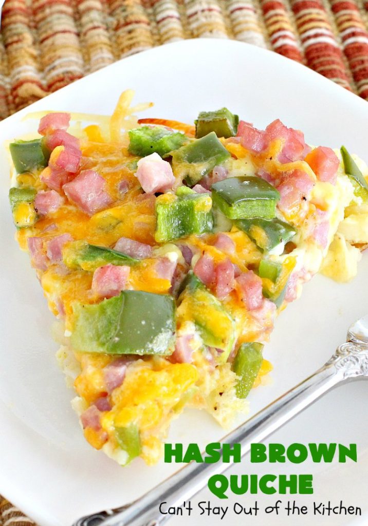 Hash Brown Quiche | Can't Stay Out of the Kitchen | this easy #quiche #recipe uses a #hashbrown crust. It's terrific for a #holiday #breakfast. #ham #cheddarcheese #glutenfree #pork #glutenfreequiche  #HolidayBreakfast