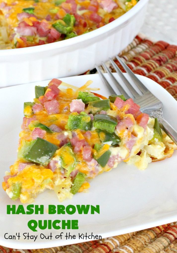 Hash Brown Quiche | Can't Stay Out of the Kitchen | this easy #quiche #recipe uses a #hashbrown crust. It's terrific for a #holiday #breakfast. #ham #cheddarcheese #glutenfree #pork #glutenfreequiche #HolidayBreakfast