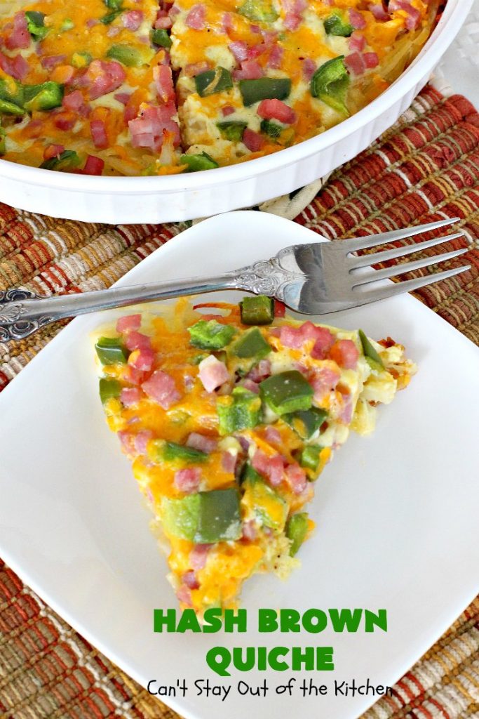 Hash Brown Quiche | Can't Stay Out of the Kitchen | this easy #quiche #recipe uses a #hashbrown crust. It's terrific for a #holiday #breakfast. #ham #cheddarcheese #glutenfree #pork #glutenfreequiche #HolidayBreakfast