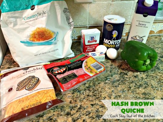 Hash Brown Quiche | Can't Stay Out of the Kitchen | this easy #quiche #recipe uses a #hashbrown crust. It's terrific for a #holiday #breakfast. #ham #cheddarcheese #glutenfree #pork #glutenfreequiche #HolidayBreakfast