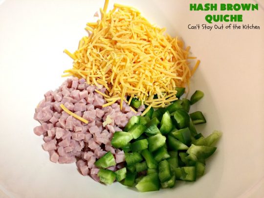 Hash Brown Quiche | Can't Stay Out of the Kitchen | this easy #quiche #recipe uses a #hashbrown crust. It's terrific for a #holiday #breakfast. #ham #cheddarcheese #glutenfree #pork #glutenfreequiche #HolidayBreakfast