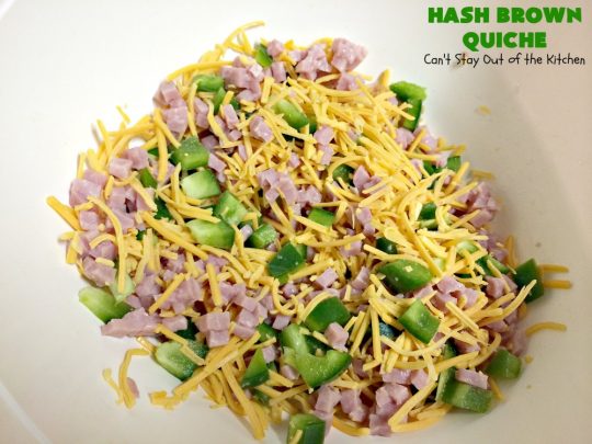 Hash Brown Quiche | Can't Stay Out of the Kitchen | this easy #quiche #recipe uses a #hashbrown crust. It's terrific for a #holiday #breakfast. #ham #cheddarcheese #glutenfree #pork #glutenfreequiche #HolidayBreakfast