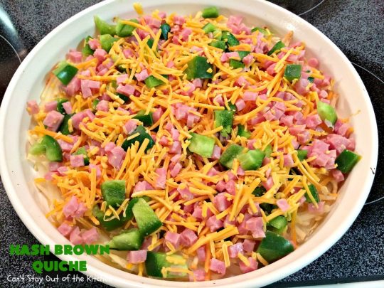 Hash Brown Quiche | Can't Stay Out of the Kitchen | this easy #quiche #recipe uses a #hashbrown crust. It's terrific for a #holiday #breakfast. #ham #cheddarcheese #glutenfree #pork #glutenfreequiche #HolidayBreakfast