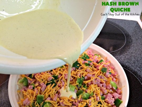 Hash Brown Quiche | Can't Stay Out of the Kitchen | this easy #quiche #recipe uses a #hashbrown crust. It's terrific for a #holiday #breakfast. #ham #cheddarcheese #glutenfree #pork #glutenfreequiche #HolidayBreakfast