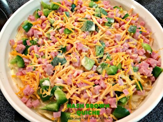 Hash Brown Quiche | Can't Stay Out of the Kitchen | this easy #quiche #recipe uses a #hashbrown crust. It's terrific for a #holiday #breakfast. #ham #cheddarcheese #glutenfree #pork #glutenfreequiche #HolidayBreakfast