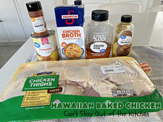 Hawaiian Baked Chicken | Can't Stay Out of the Kitchen | this is an easy #7Ingredient #chicken #MainDish that includes #pineapple, #mustard & #paprika on top to make it sizzle. This #NoFussRecipe is easy to prepare & wonderful for company dinners or #potlucks. #GlutenFree #Hawaiian #ChickenThighs #HawaiianBakedChicken #BakedChicken