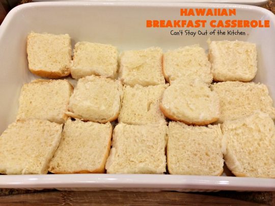 Hawaiian Breakfast Casserole | Can't Stay Out of the Kitchen | this heavenly #breakfast #casserole is made with #ham, #KingsHawaiianRolls, #pineapple & lots of #cheddarcheese. It's terrific for #holidays like #Christmas, #NewYearsDay & special occasion breakfasts. #pork #breakfastcasserole #HolidayBreakfast #ChristmasBreakfast #NewYearsDayBreakfast #Hawaiian 